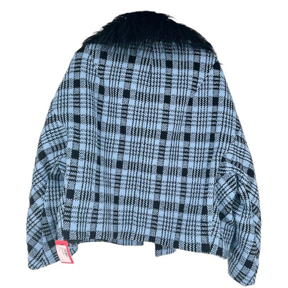 NWT Dries Van Noten Blue Plaid Faux Fur Lined Hooded Open Jacket - Picture 2 of 9